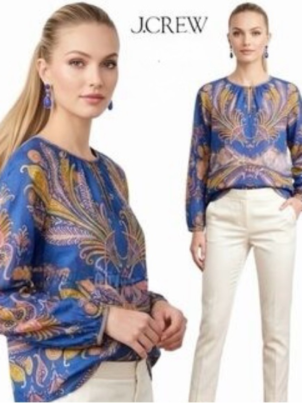 J.Crew Silk Blend Paisley Tunic Top Boho Coastal Resortwear Euro Summer Cotton
